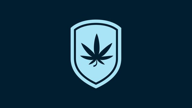 White Shield and marijuana or cannabis leaf icon isolated on blue background. Marijuana legalization. Hemp symbol. 4K Video motion graphic animation