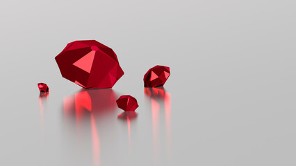 3D render of a diamonds on a white background. Background with a ruby. For designing postcards, banners, posters and backgrounds. Expensive jewelry.