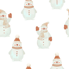 Beautiful vector Christmas image with cute hand drawn winter snowman. Stock illustration. Spruce forest. Celebration clip art.