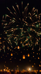 Fototapeta na wymiar Fireworks and Sky lanterns in chinese new year festival.