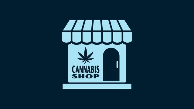 White Marijuana and cannabis store icon isolated on blue background. Equipment and accessories for smoking, storing medical cannabis. 4K Video motion graphic animation