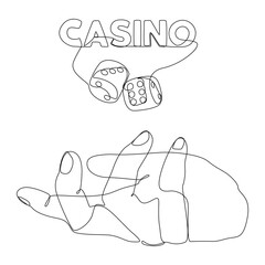 One white continuous line drawing hand throwing up dice with Casino word. Thin Line Illustration vector concept on black background. Contour Drawing Creative ideas.