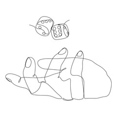 One white continuous line drawing hand throwing up dice. Thin Line Illustration vector concept on black background. Contour Drawing Creative ideas.