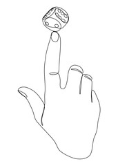One white continuous line drawing index finger holding dice. Thin Line Illustration vector concept on black background. Contour Drawing Creative ideas.