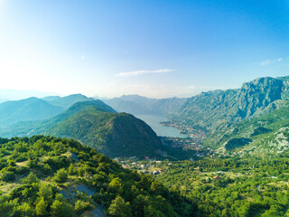 Bay of Kotor with beaches and hotels and the Adriatic Sea against the backdrop of sunny sky