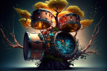 A fantasy drum set with natural trees, music themed wallpaper, generative ai