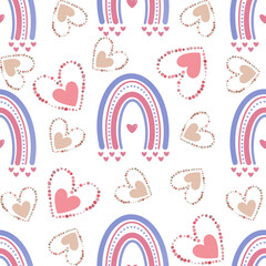 Seamless pattern with modern pastel pink and blue rainbows and hearts.Valentine’s Day,birthday party,baby shower,children’s room decoration.
