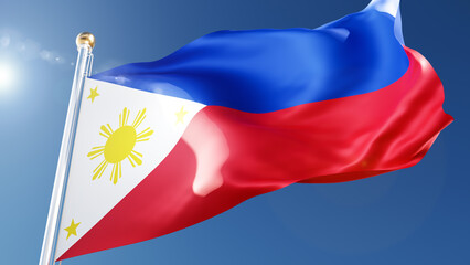 philippines flag waving in the wind against a blue sky. philippine, manila national symbol on flagpole, 3d rendering