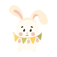 Cute Easter egg character with bunny ears with garland, design element for spring themed invitations