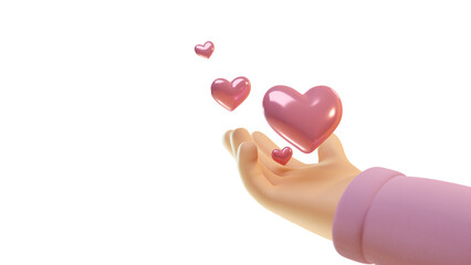 Fototapeta premium 3d illustration cartoon hand gesture with flying love symbol