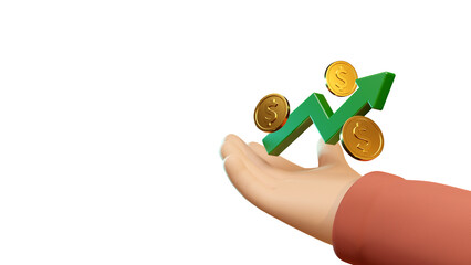 3d illustration cartoon hand gesture with dollar coin and arrow up symbol