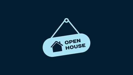 White Hanging sign with text Open house icon isolated on blue background. Signboard with text Open house. 4K Video motion graphic animation
