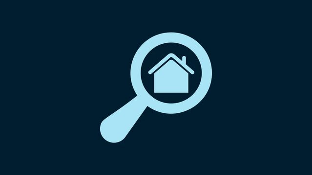 White Search house icon isolated on blue background. Real estate symbol of a house under magnifying glass. 4K Video motion graphic animation