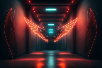 a pair of Red Neon Wings in a hallway