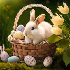 Cute easter bunny in a basket of eggs, flowers and green grass background, generative ai