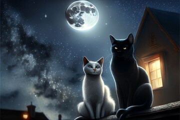Two cute cats are sitting on the fence on a moonlit night. AI generated.