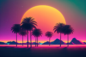 Silhouette palm tree with sun sand and beach retro tone color background. Summer vacation concept. Generative AI