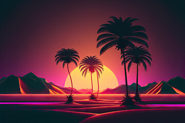 Naklejka premium Silhouette palm tree with sun sand and beach retro tone color background. Summer vacation concept. Generative AI