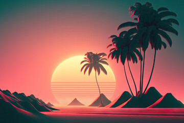 Fototapeta na wymiar Silhouette palm tree with sun sand and beach retro tone color background. Summer vacation concept. Generative AI
