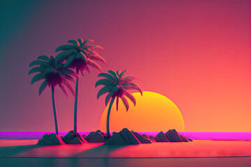 Fototapeta na wymiar Silhouette palm tree with sun sand and beach retro tone color background. Summer vacation concept. Generative AI