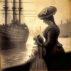 A mother and daughter watching a ship sail away from the harbour - obrazy, fototapety, plakaty
