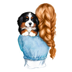 Watercolor illustration of a woman holding a Bernese Zelenhund puppy in her arms, cute fluffy puppy, dog portrait