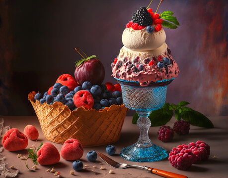 Eiscreme mit frischen Fr&uuml;chten, ai generated