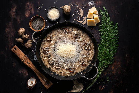 Iron pan mushroom risotto with spices and parmesan cheese. Generative AI
