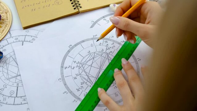 Woman astrologer draws a natal chart. Selective focus.