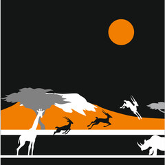 Naklejka premium Mountains safari desert with animals. Afro vector illustration. Sun rise. Nature print