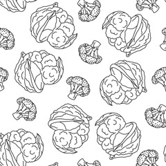 doodle pattern seamless with vegetables, banner with colored carrots and broccoli for store rela, handmade healthy food poster on white background with black lines.