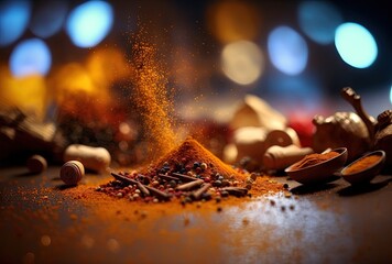 close-up variety of spices, dust or grain in bottle and in  bowl , culinary ingredients on wooden table in artistic position, herbal ground powder, spice sprinkle from above