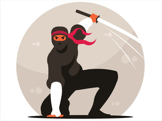 Ninja with katana sword ready to fight. Attacking japanese spy or assassin pose. Vector graphics