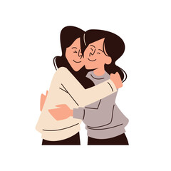 Girl friendship love flat vactor. Smailing woman hugging friend.