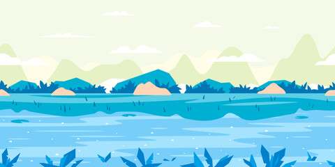 River with fast flow, small green plants and mountains in distance, river shore overgrown with bushes and big stones, nature game background in simple colors and flat style, tileable horizontally