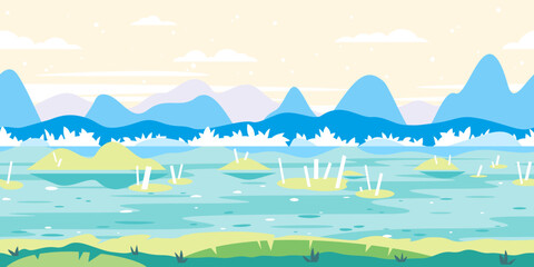 Fototapeta na wymiar Swamp with roots and green islets, dead trees with stones and plants, nature game background in simple colors and flat style, tileable horizontally
