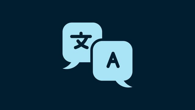 White Translator icon isolated on blue background. Foreign language conversation icons in chat speech bubble. Translating concept. 4K Video motion graphic animation