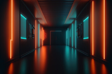 Dark room with a row of neon lights. Generative AI.