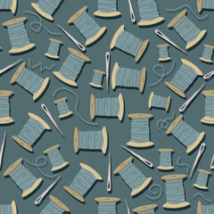 Endless seamstress pattern. seamless pattern with threads, a needle on a turquoise background. hobby and needlework theme