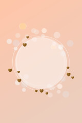 circle  image social media template with white and pink lights bokeh, gold hearts, gently beige-pink background