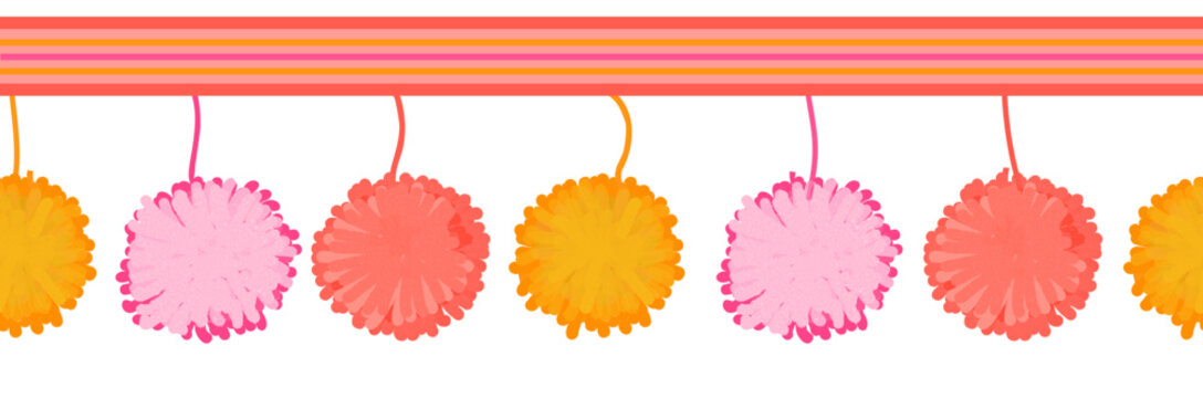 Pompoms. pom-poms border. Children's fluffy decor