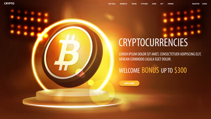Banner for website with button, podium with yellow neon ring on background and gold 3D bitcoin