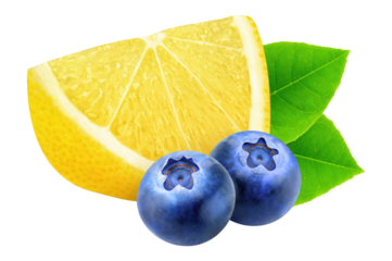 Slice of lemon and two blueberries cut out