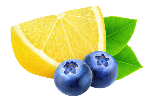 Slice of lemon and two blueberries cut out