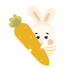 Cute Easter egg character with big carrot, design element for spring themed invitations