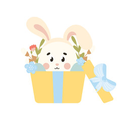 Cute Easter egg character with bunny ears in gift box with flowers, design element for spring themed invitations