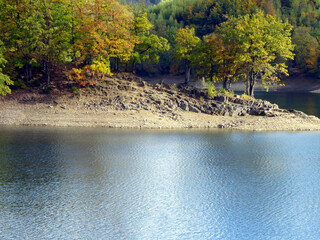 Beautiful scenery of colorful trees on a rugged rock, sunlit on a late summer day. The surrounding lake reflects the bright blue sky.