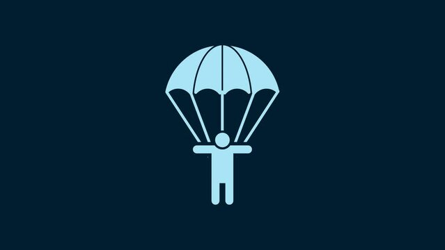 White Parachute and silhouette person icon isolated on blue background. 4K Video motion graphic animation
