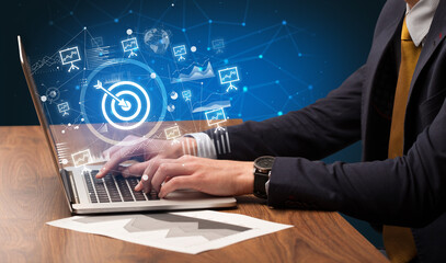 Business hand working on laptop, successful business concept