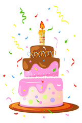 Confetti falling on birthday cake. Fun surprise celebration